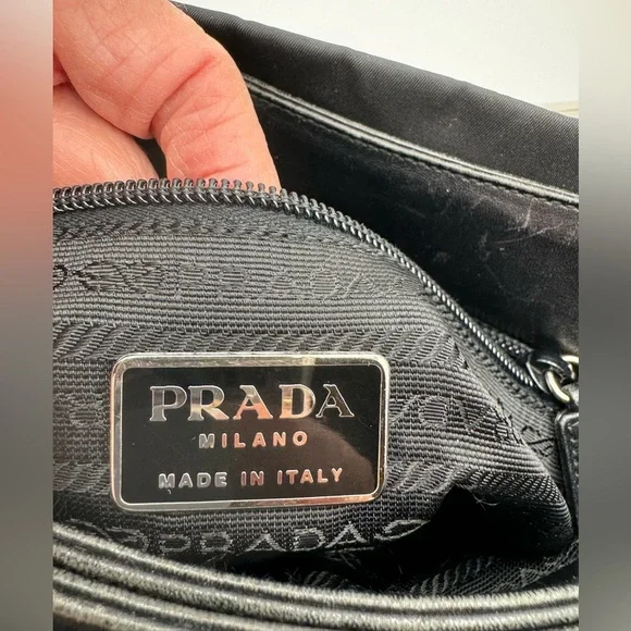 Prada - Authentic - Black Canvas & Leather Shoulder Bag with Metal Handles - Picture 12 of 16